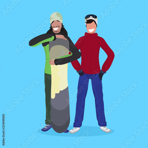 couple men snowboarders holding snowboard happy guys winter vacation activity concept male cartoon character full length flat