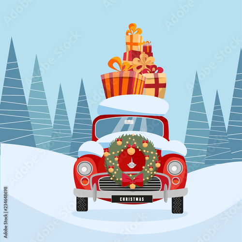 Flat vector cartoon illustration of retro car with present on the roof. Little classic red car carrying gift boxes on its rack. Vehicle's front decorated with wreath. snow-covered landscape with firs