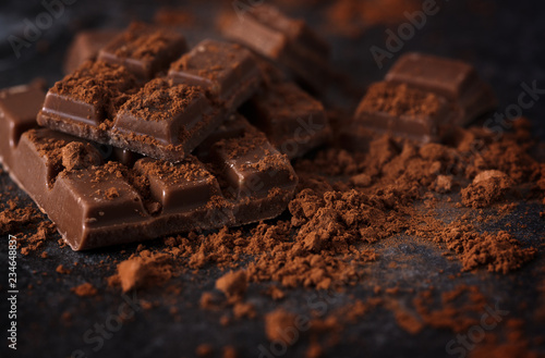 chocolate and cocoa powder on a dark slate plate, macro shot