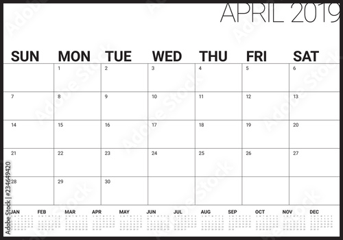 April 2019 desk calendar vector illustration