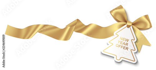New Year or Christmas Sale tags with golden ribbon and bow isolated on white background. Vector illustration. Holiday decoration