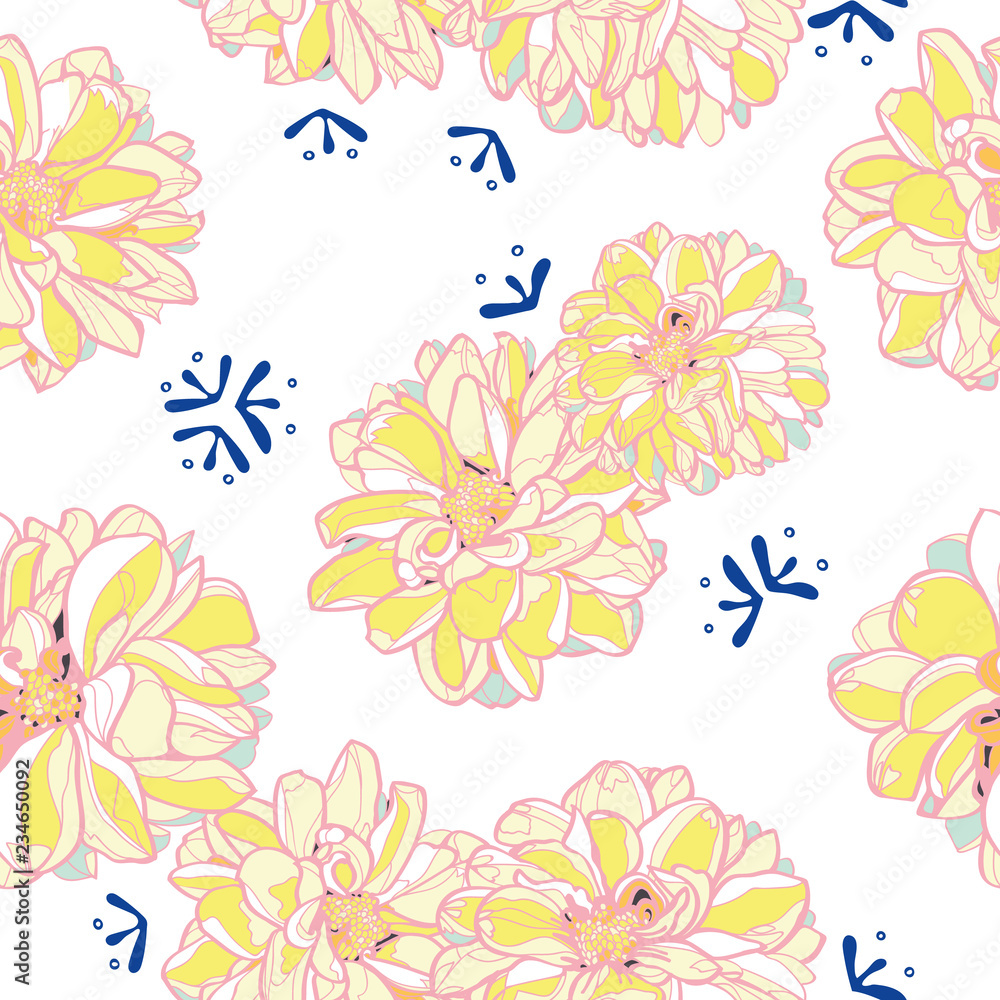 Japan inspired white seamless vector pattern with yellow dahlia and pink outline. Surface pattern design.