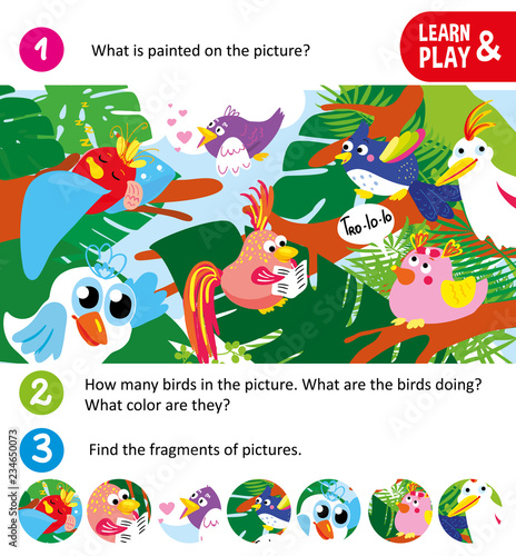game for small children. Search fragments. Cartoon birds on trees doing different things. For childrens magazines. Memory train for kids. Learn and play. Educational vector illustration for babies.