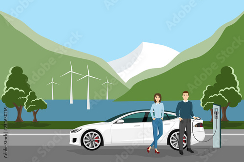 Couple next to an electric car (new energy vehicle, NEV). Vector illustration