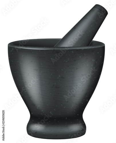 Traditional Thai black stone mortar and pestle. Vector illustration.