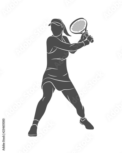 Silhouette tennis player with a racket on a white background