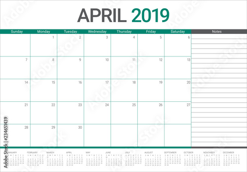April 2019 desk calendar vector illustration