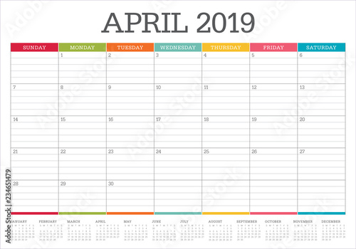 April 2019 desk calendar vector illustration