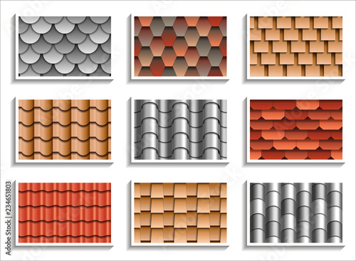 Set of seamless roof tiles textures. 3D patterns of rooftop materials