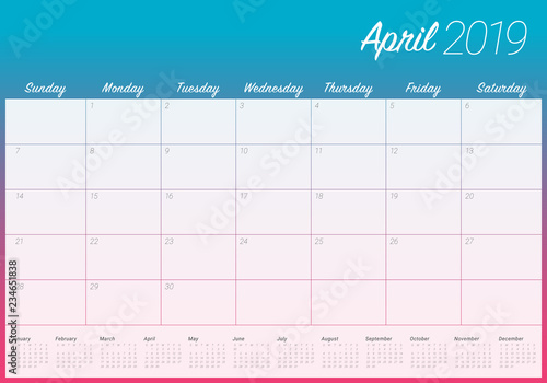 April 2019 desk calendar vector illustration