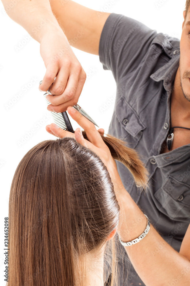 Fototapeta premium Professional hairdresser with long hair model, isolated on white