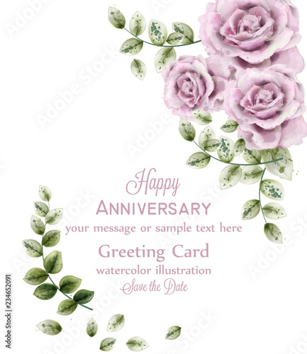 Delicate pink roses anniversary card.Vector. watercolor floral background. El...
