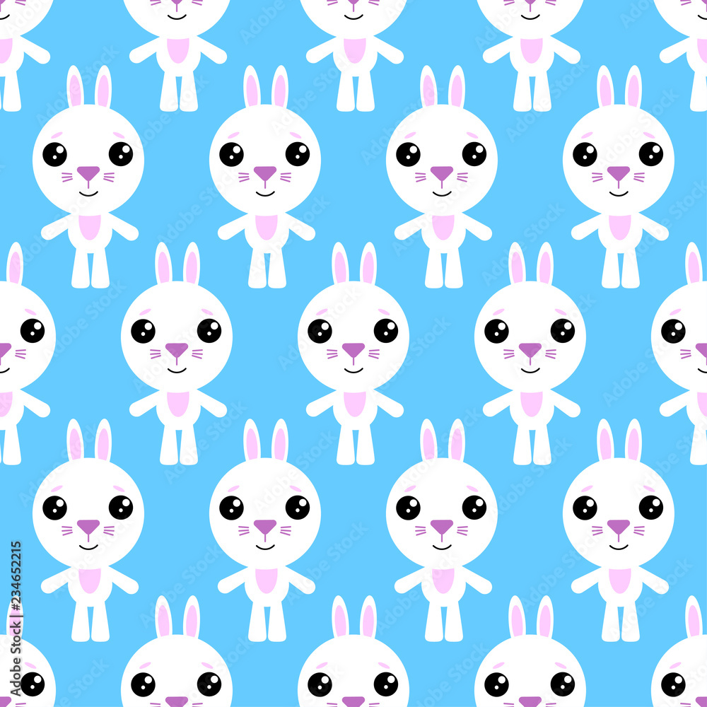 Obraz premium Vector seamless background. Kawai rabbit on the blue background, cartoon bunny.