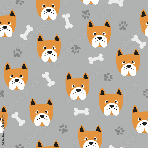 Seamless cute dog pattern. Vector background with bulldogs  paws and bones.