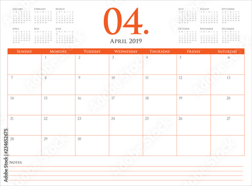 April 2019 desk calendar vector illustration