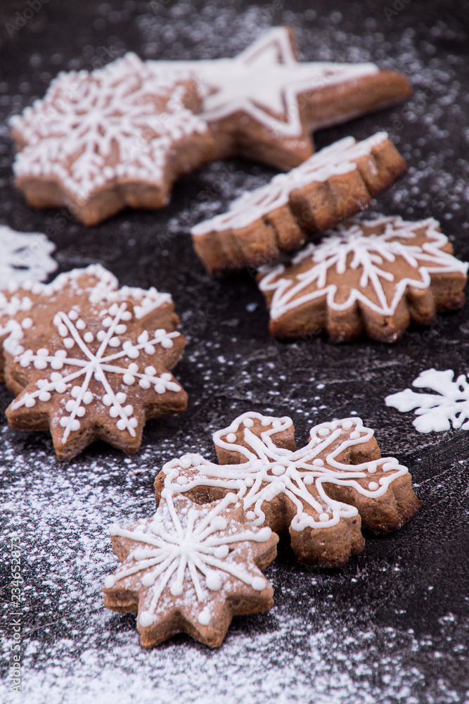Christmas New Year background with gingerbread cookies.