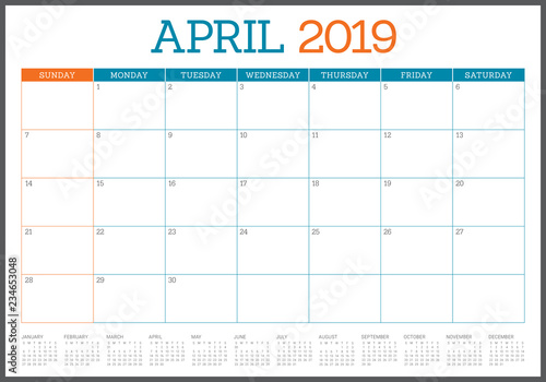 April 2019 desk calendar vector illustration