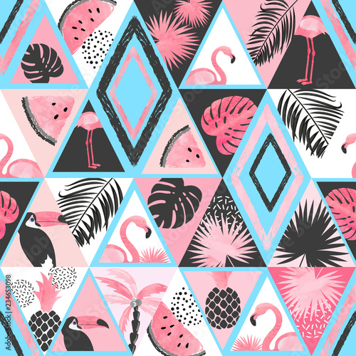 Seamless tropical pattern in patchwork style. Vector trendy background with f...