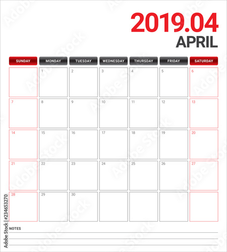 April 2019 desk calendar vector illustration