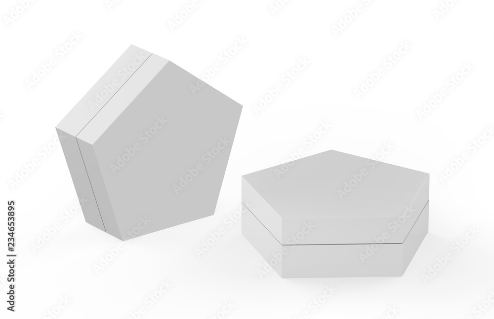 Fototapeta premium Blank White Cardboard Pentagon Packaging Box, Mock Up Template On Isolated White Background, 3D Illustration