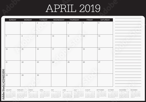 April 2019 desk calendar vector illustration