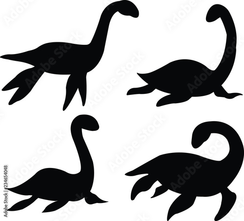 Loch nessie set silhouette on white backgroung vector illustration flat desing