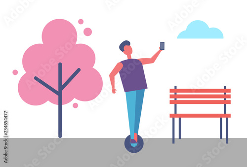 Man Riding on Segway and Making Selfie Vector Park
