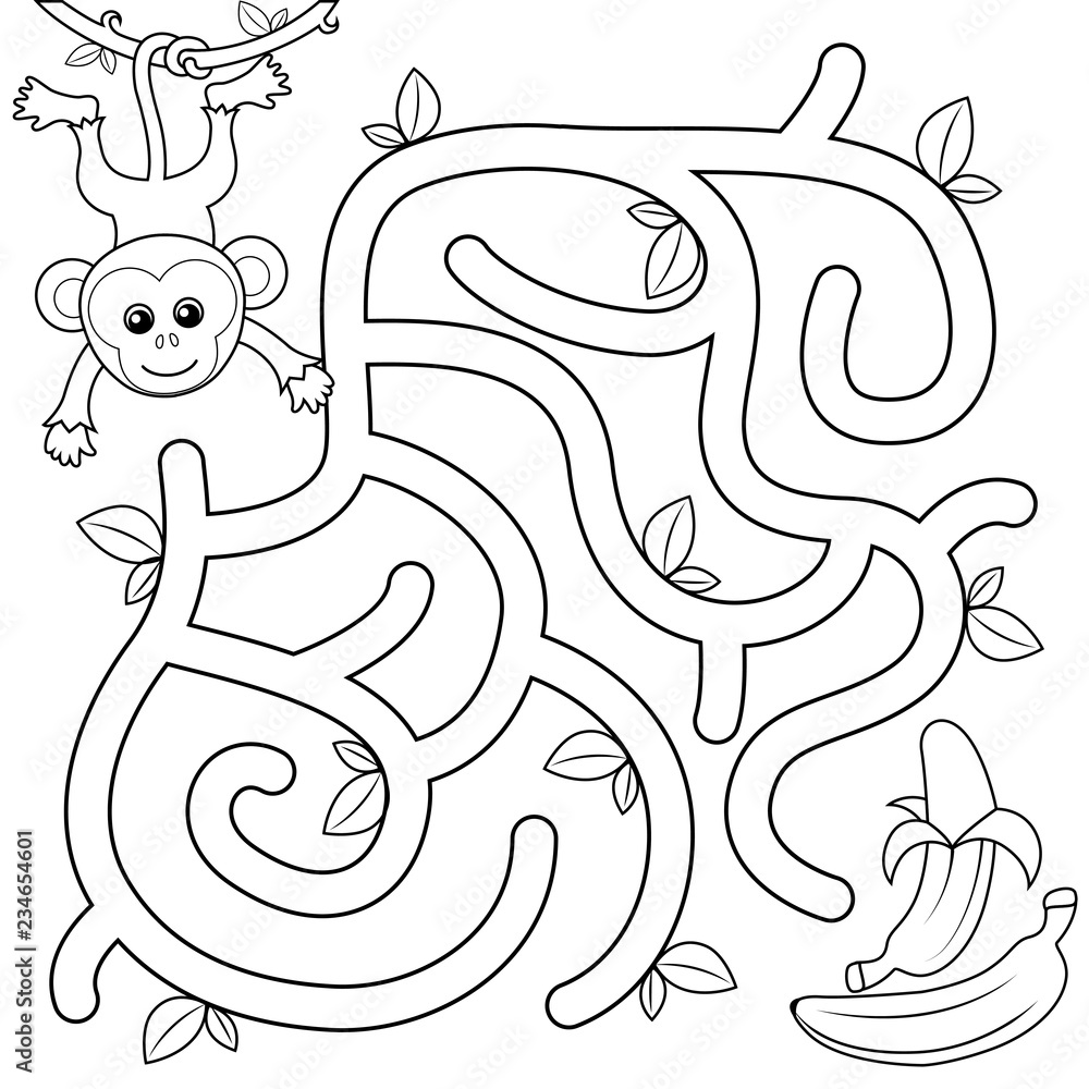 Obraz premium Pomóż małpie znaleźć drogę do banana. Labirynt. Gra labirynt dla dzieci. Czarno-biały ilustracja wektorowa do kolorowania książki