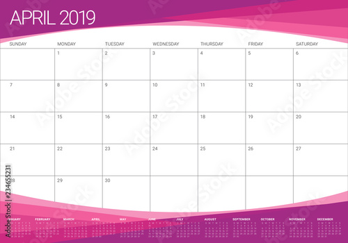 April 2019 desk calendar vector illustration
