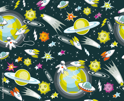 Black space multi-colored pattern seamless. 
Seamless texture of infinite black space with objects on its background.
