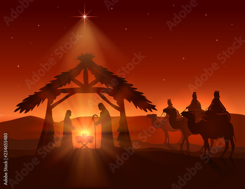 Christian Christmas with Wise Men and Jesus on Night Background