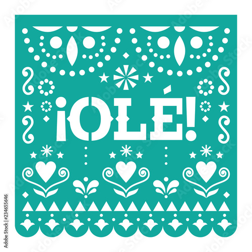 ¡Olé! Papel Picado cutout vector design, Mexican happy turquoise paper fiesta decoration from Mexico with flowers and geometric pattern 