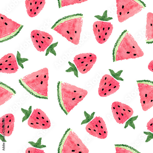Seamless watermelon and strawberry pattern. Vector watercolor fruit background.