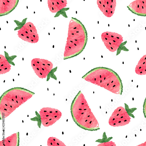 Seamless watercolor watermelon and strawberry pattern.