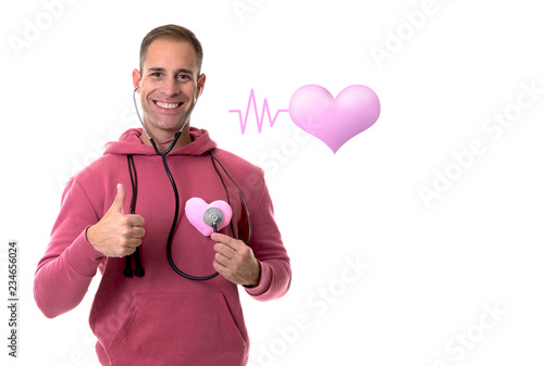 healthy young boy and sportsman taking the pulsations photo