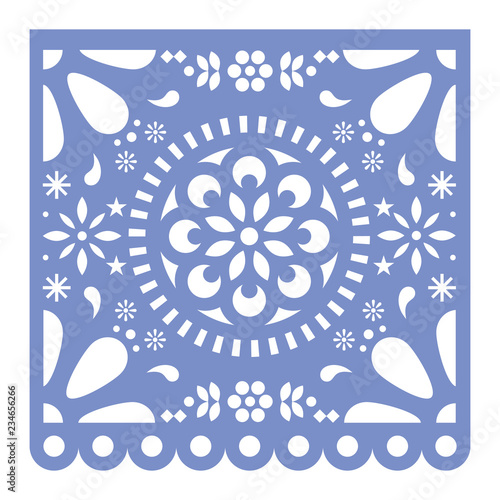 	
Mexican Papel Picado cutout vector design, happy purple paper fiesta decoration from Mexico with flowers and geometric pattern 
 