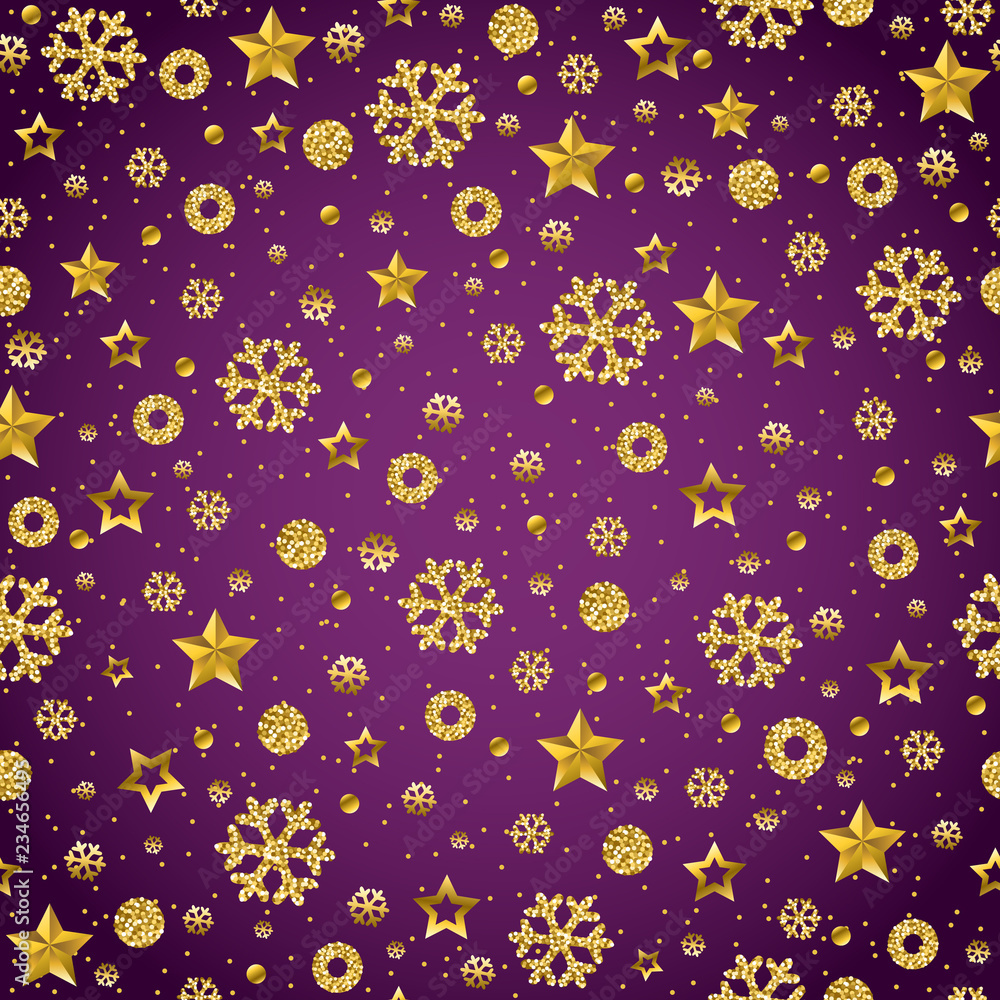 Purple Christmas pattern background with golden glittering snowflakes and stars,  vector illustration