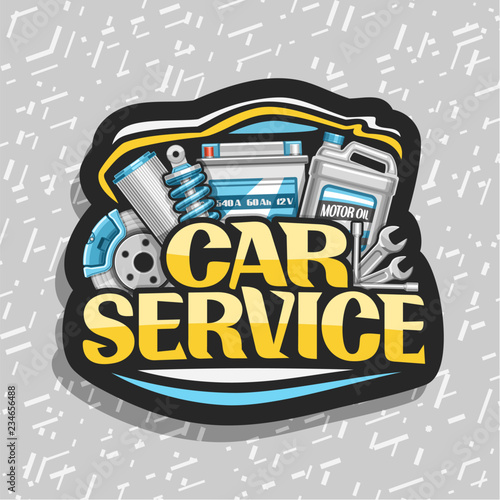 Vector logo for Car Service, black decorative sticker with set of different auto parts for variety mechanic car system, lettering for words car service, label with illustration for automotive industry