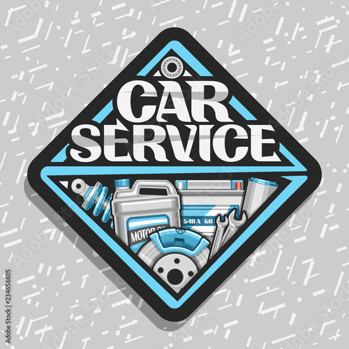 Vector logo for Car Service, black sticker with set of different auto parts for variety car system, lettering for words car service, label of rhomb shape with illustration for automotive industry.