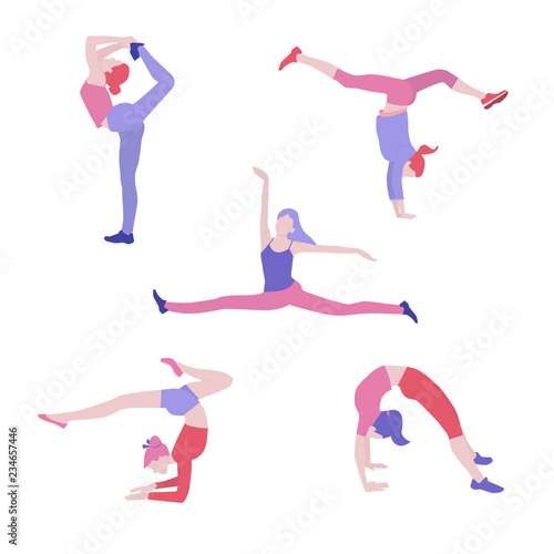 Girls in various sport gymnastic poses isolated on white background, vector illustration in flat style. People play sports, set.