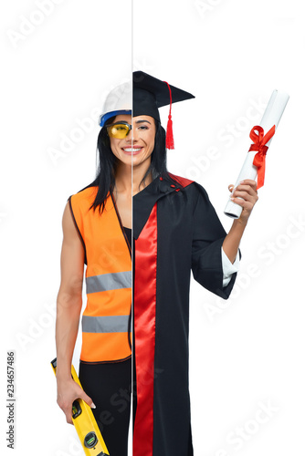 Girl in two occupations of buider and proud graduate. photo