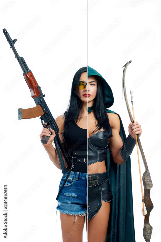 Strong woman in two occupations of shooter and actress. Strong woman in two occupations of shooter and actress.