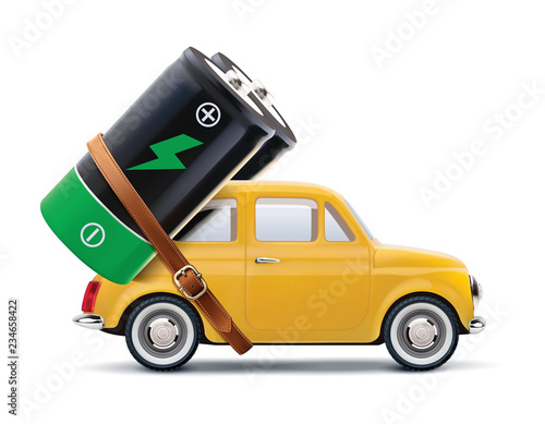 Battery on car isolated on white. Metaphor use eco power. Creative vector 3d illustration