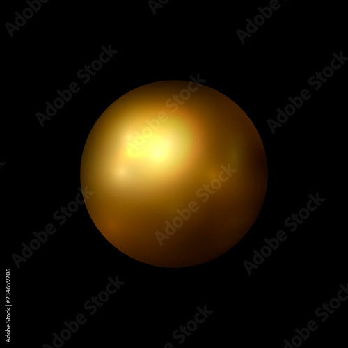 Vector abstract geometric shape. 3d shine gold color sphere. Golden ball isolated on black background. Christmas ornament, logo template, xmas decoration. Round balloon. Vector illustration. EPS 10.