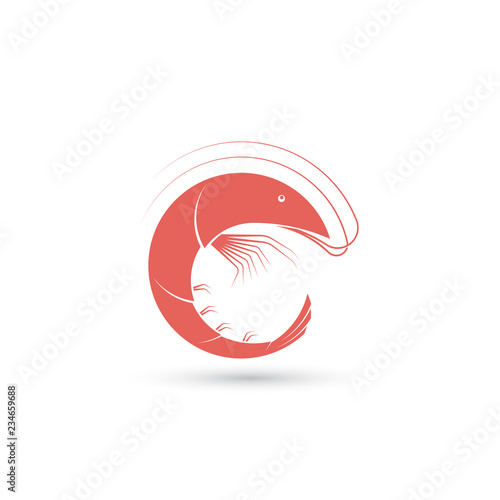 Template of logo with shrimp in the shape of circle. Creative vector symbol of seafood restaurant or fishing company. Icon isolated on the white background.