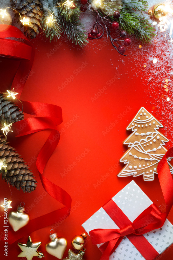  Christmas greeting card background;  Christmas Gift and  Christmas tree Ornament On Table ;