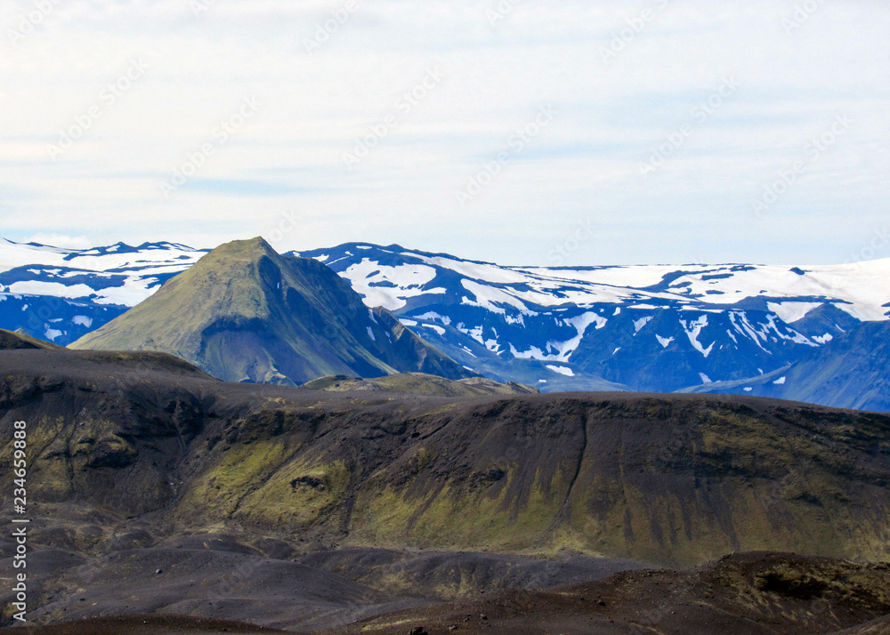 Volcanic landscape with Myrdalsjokull glacier in Katla volcano caldera from Botnar-Ermstur, Laugavegur Trail in sunny morning, Highlands of Iceland