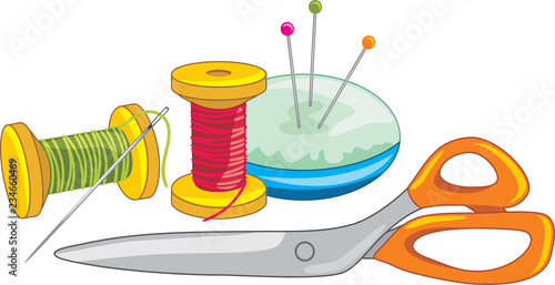 Two spools of thread with needle, dressmaking pins and scissors