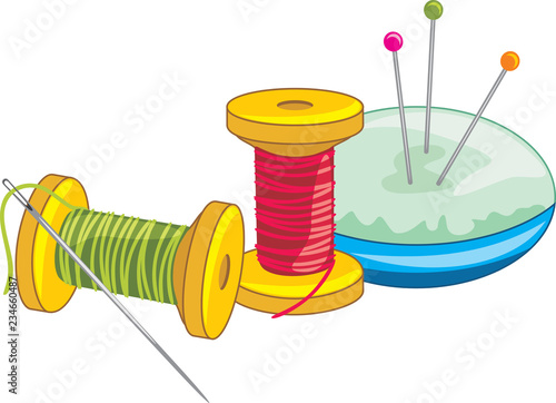Two spools of thread with needle and dressmaking pins