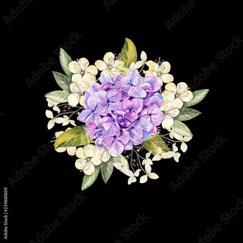Watercolor  wedding bouquet with hudrangea.